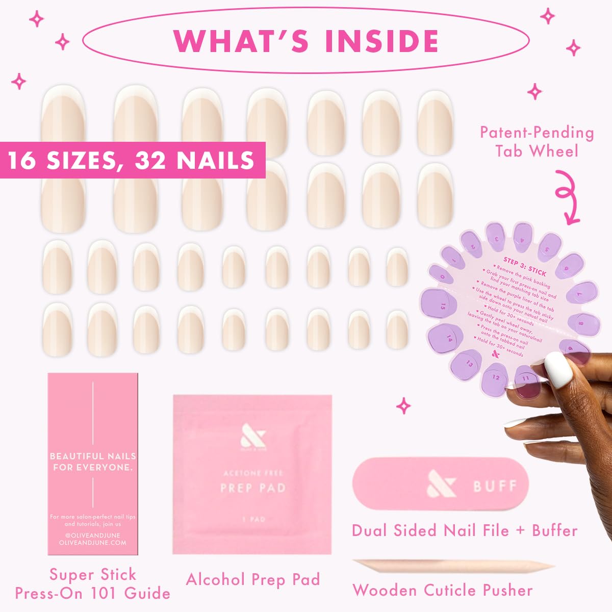 Olive & June Classic Super Stick Mani Press On Nails | No Glue Needed | 32 Tab Nails, 16 Sizes | Non-Toxic Easy On-Off Non-Damaging Real Look | 7-Day Wear | Short, Round | Classic French