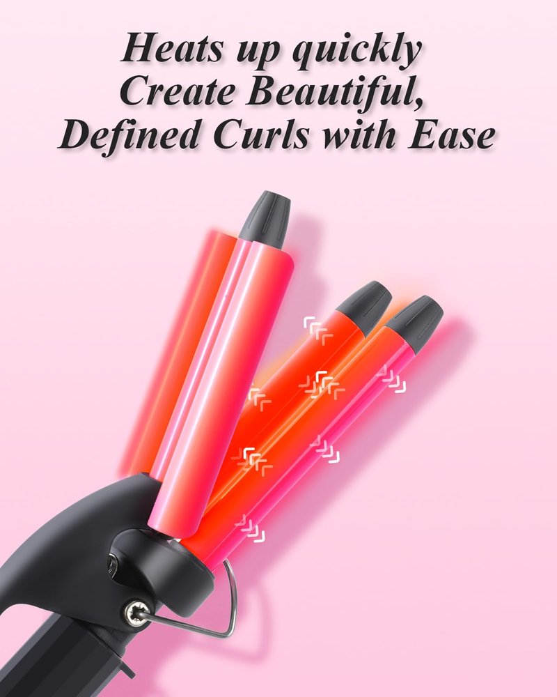 Mini Hair Crimper 4 Temperature Adjustable, 1/2 Inch Small 3 Barrel Curling Iron Hair Waver Dual Voltage Travel Size, Tiny Crimper Hair Tool Create Natural Tight Beachy Waves (Rose Pink)