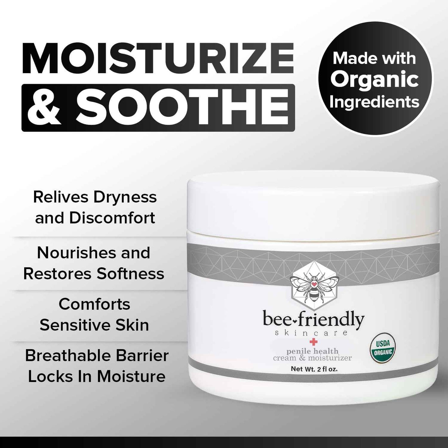 BeeFriendly Organic Penile Health Creme, USDA Certified Cream, Natural Moisturizer Aids With Dry, Chafed, Itchy, Irritated & Sensitive Male Skin 2 oz