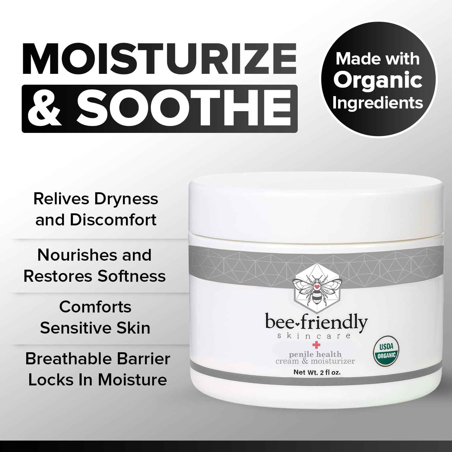 BeeFriendly Organic Penile Health Creme, USDA Certified Cream, Natural Moisturizer Aids With Dry, Chafed, Itchy, Irritated & Sensitive Male Skin 2 oz