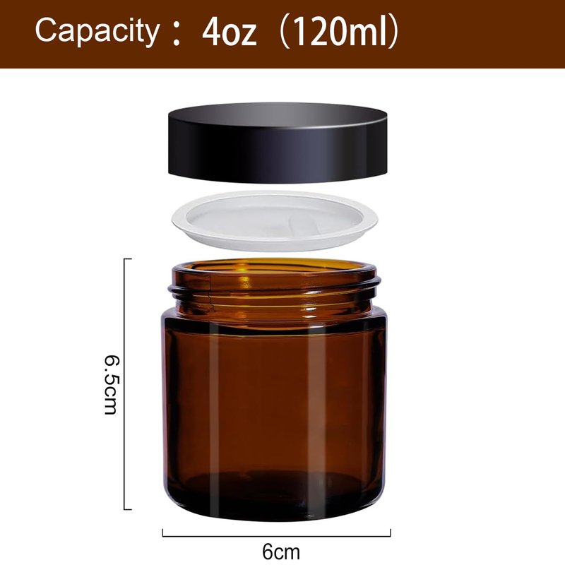BPFY 12 Pack 4 oz Round Amber Glass Cosmetic Jars with Inner Liners, Black Lids, Spatula, Chalk Labels, Pen, Candle Holder, Refillable Containers for Makeup, Cream, Sugar Scrubs, Bath Salts