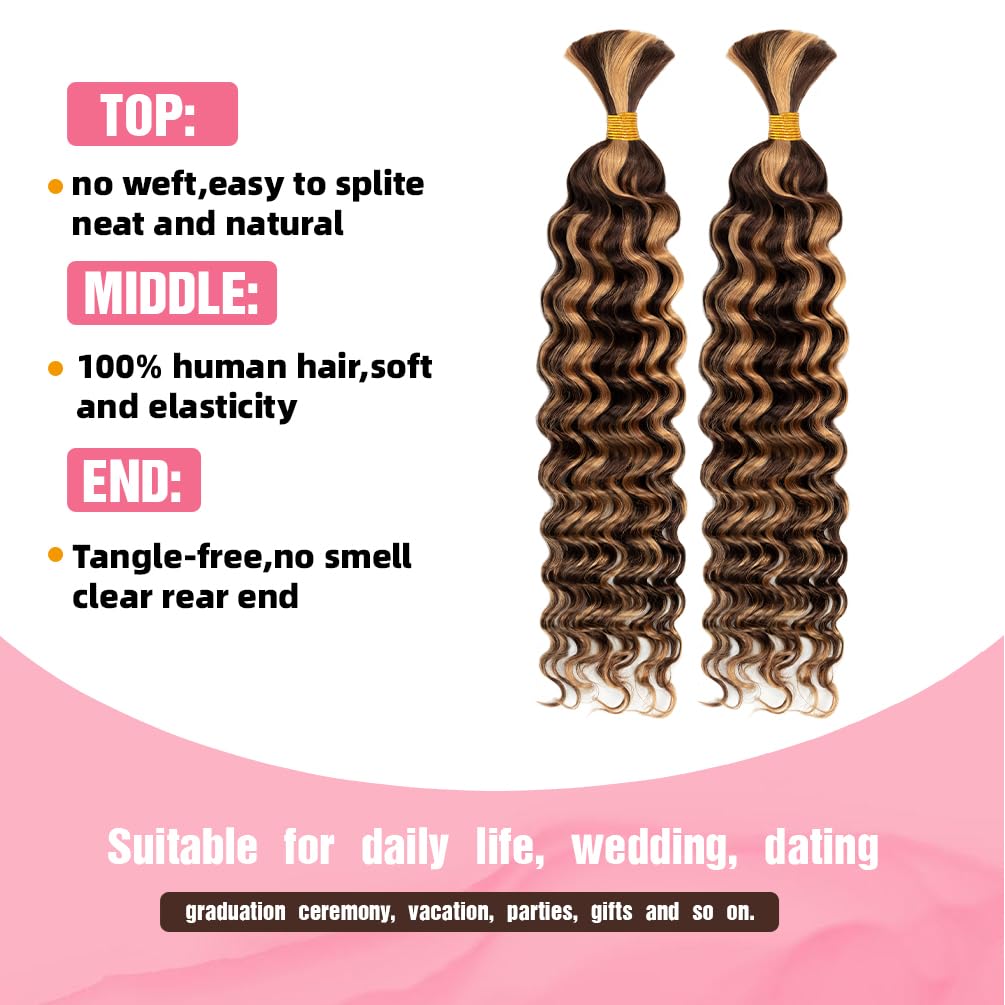 "Human Braiding Hair, 2 Bundle 100g 16 Inch Boho Braids Human Hair 12A Deep Wave Bulk Brazilian Virgin No Weft Wavy Hair Extension for Boho Knotless Balayage Brown to Blonde"