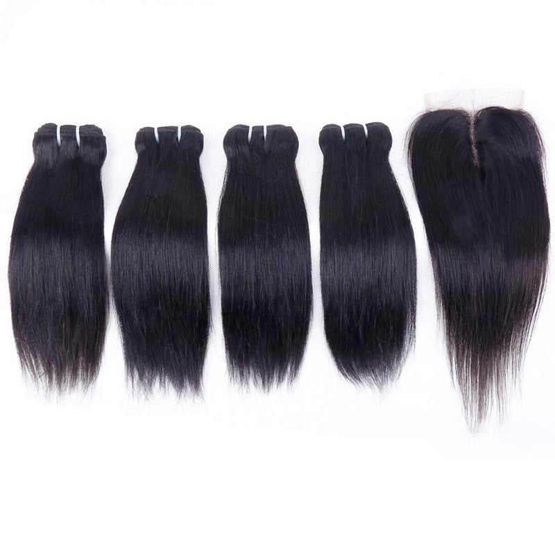 Brazilian Straight Hair Bundles with Closure(10 10 10 10+10) Straight Human 4 Bundles with Closure 10A Unprocessed Short Bob Virgin Hair 50g/bundle