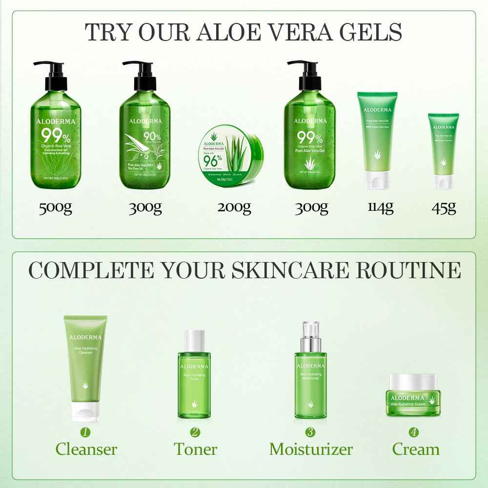Aloderma Aloe Vera Gels Set, 2 Pieces - 300g Aloe Vera Gel + Tea Tree Oil, 45g Aloe Vera Gel - Hydrating, Moisturizing