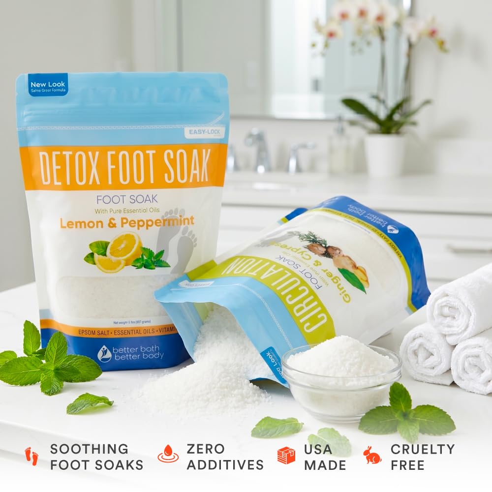 2 Pack Foot Soak Salts Bundle for DIY Foot Spa with Bamboo Scoop (2 lbs Each 4 lbs Total) for Discomfort and Dry Skin Made in USA with BPA Free Easy Lock Pouch