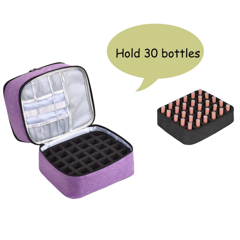 Nail Polish Organizer - Double-Layer Storage for 30 Bottles & Lamp | Portable Purple Travel Case with Handle