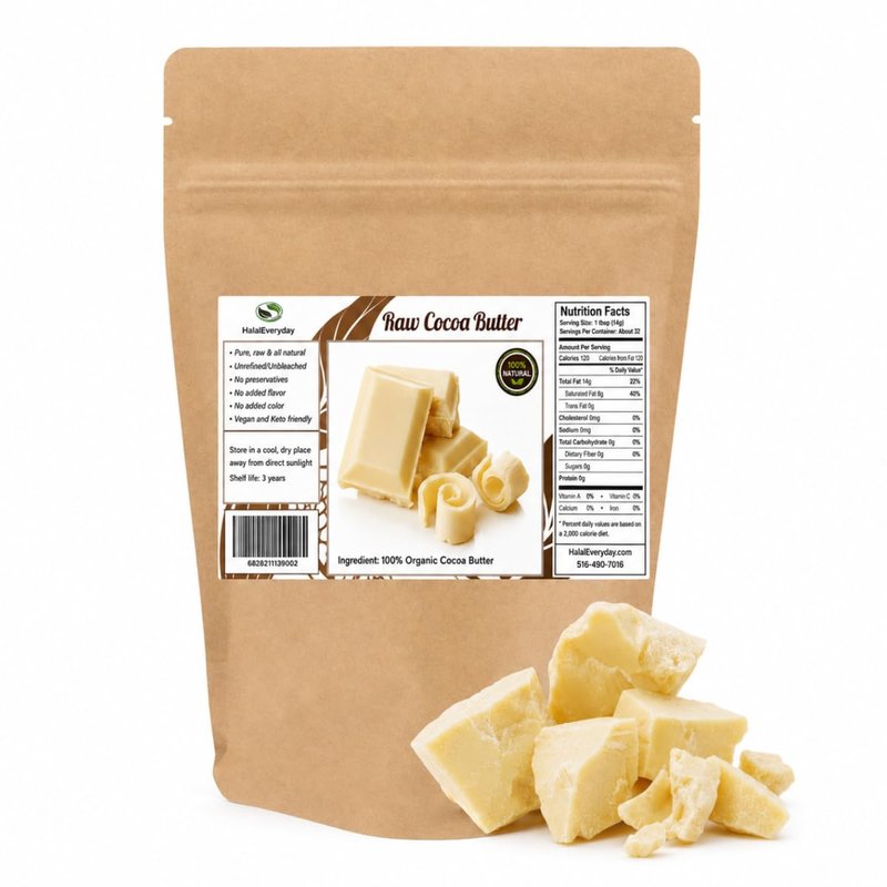 1 Lb Ecuadorian Cocoa (Cacao) Butter - Pure, Raw and Unprocessed - Use for Lotion, Cream, Lip Balm, Oil Stick or Body Butter - NON-GMO, Vegan and Halal