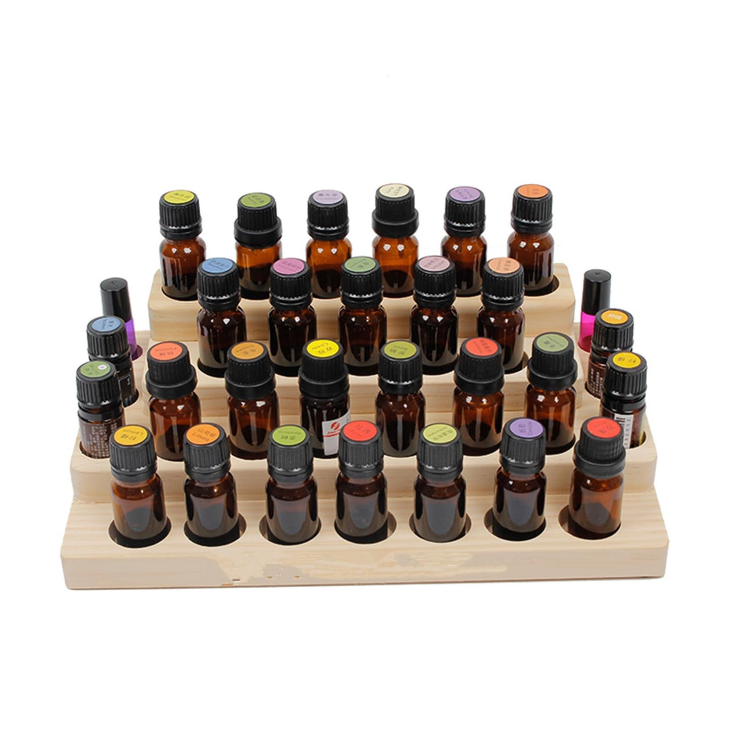 Pure Vie 4 Tier Essential Oil Bottles Wooden Storage Display Stand Travel Display Presentation Holder, Cosmetic Aromatherapy Organizer Rack Nail Polish Fragrance Container - Holds 30 Slots (15 ml)
