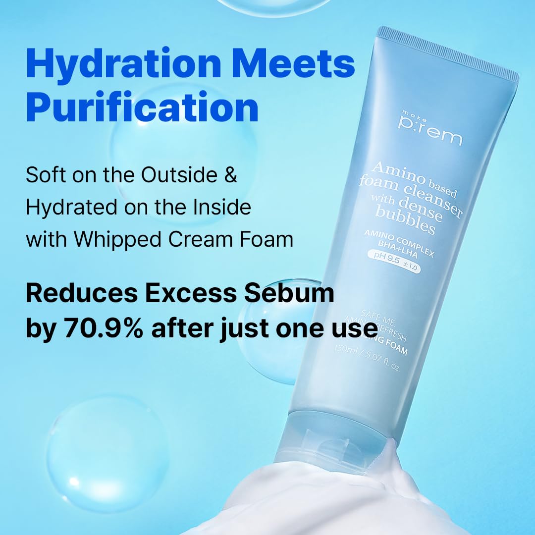 MAKE P:REM Safe Me. Amino Refresh Cleansing Foam, Korean Face Wash, Instant Deep Pore Cleansing, Gentle Exfoliation with BHA & LHA, Korean Skin Care, 5.07 fl.oz. (150mL)
