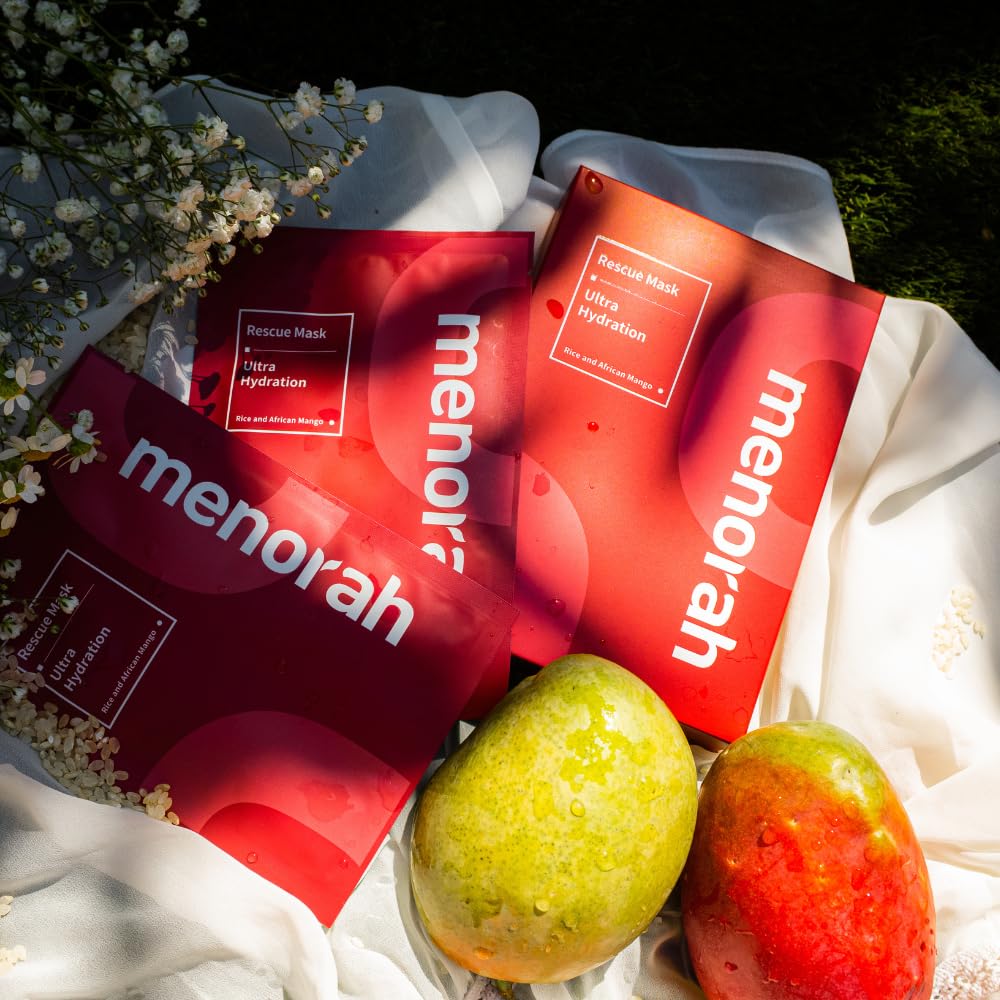 menorah skincare - Ultra Hydration Rescue Sheet Mask (7 Sheets) - with Rice, African Mango, Face sheet masks, Moisturizing mask, Super Hydration and Moisturizing, 100% Organic cotton sheet mask