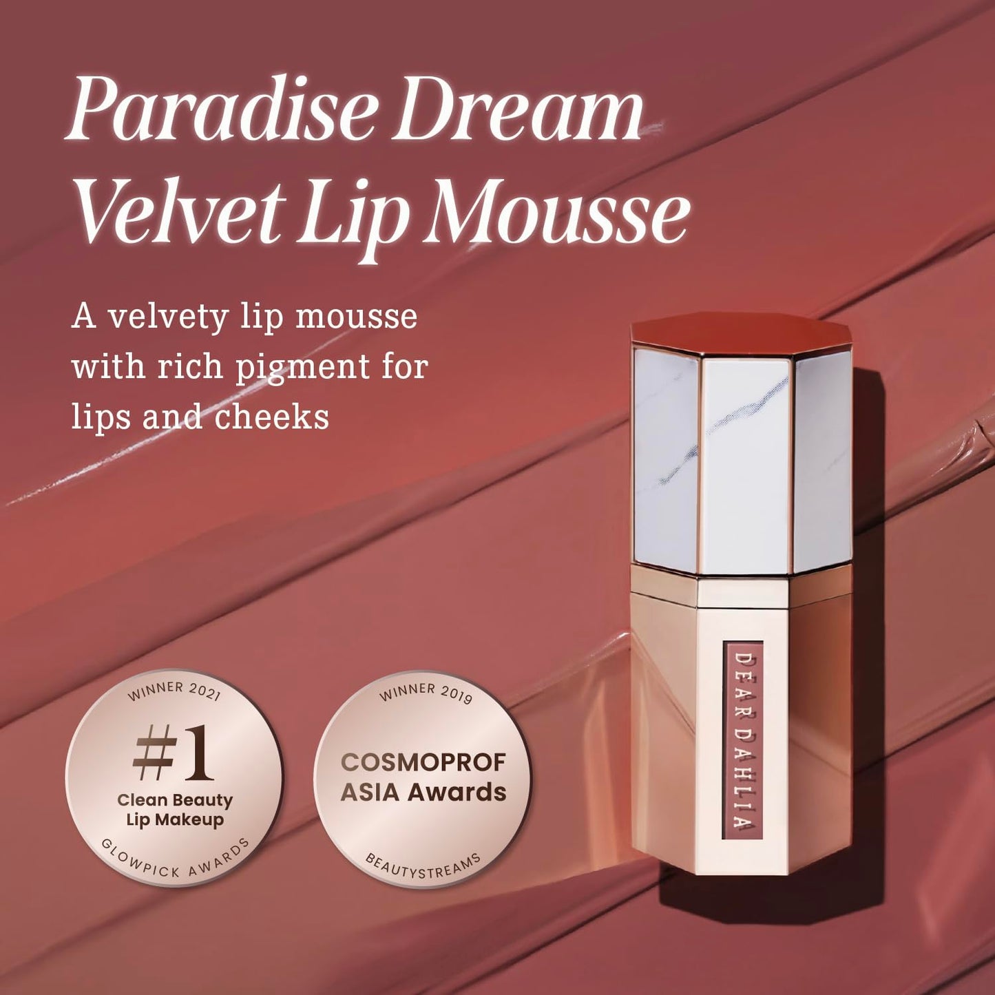 DEARDAHLIA Paradise Dream Velvet Lip Mousse (Teddy) - Vegan Soft-Matte Lip Tint with Lightweight, Buildable, Long-Lasting Color, Whipped Mousse Texture. Cruelty-Free. 0.21 Fl oz