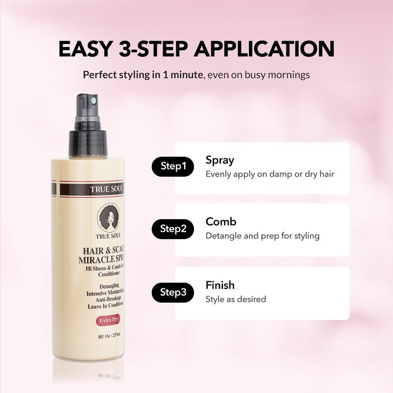 TRUE SOUL Hair and Scalp Miracle Spray Leave-In Conditioner & Detangler for Braids, Locs, Curly & Textured Hair with Castor Oil, Moisturizing Spray for Dry Itchy Scalp, 8 fl oz