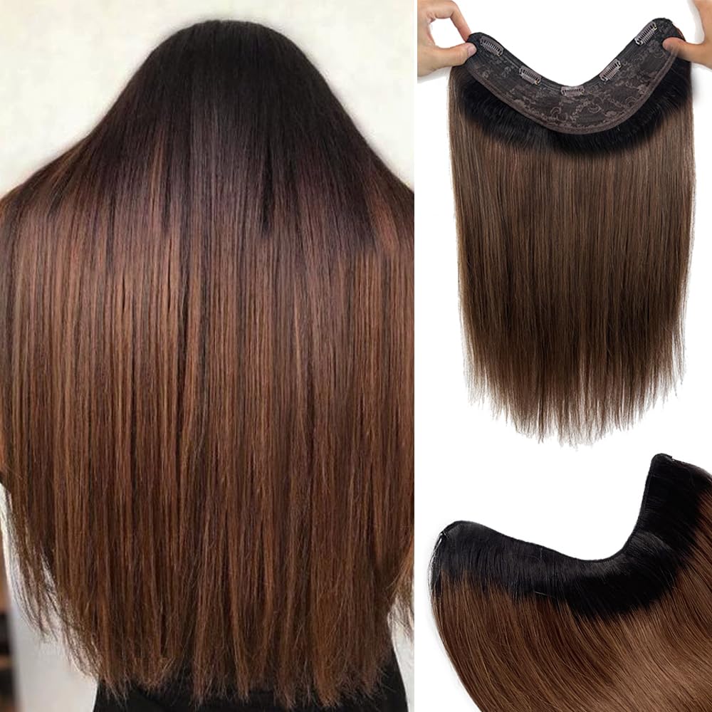 Brown Clip in Hair Extensions Real Human Hair,Highlight Ombre Clip in Human Hair Black Roots One Piece 5 Clips with 3/4 V-Shaped Double Weft Clip in Extensions Full Head for Women 16 Inch 80g(45cm)