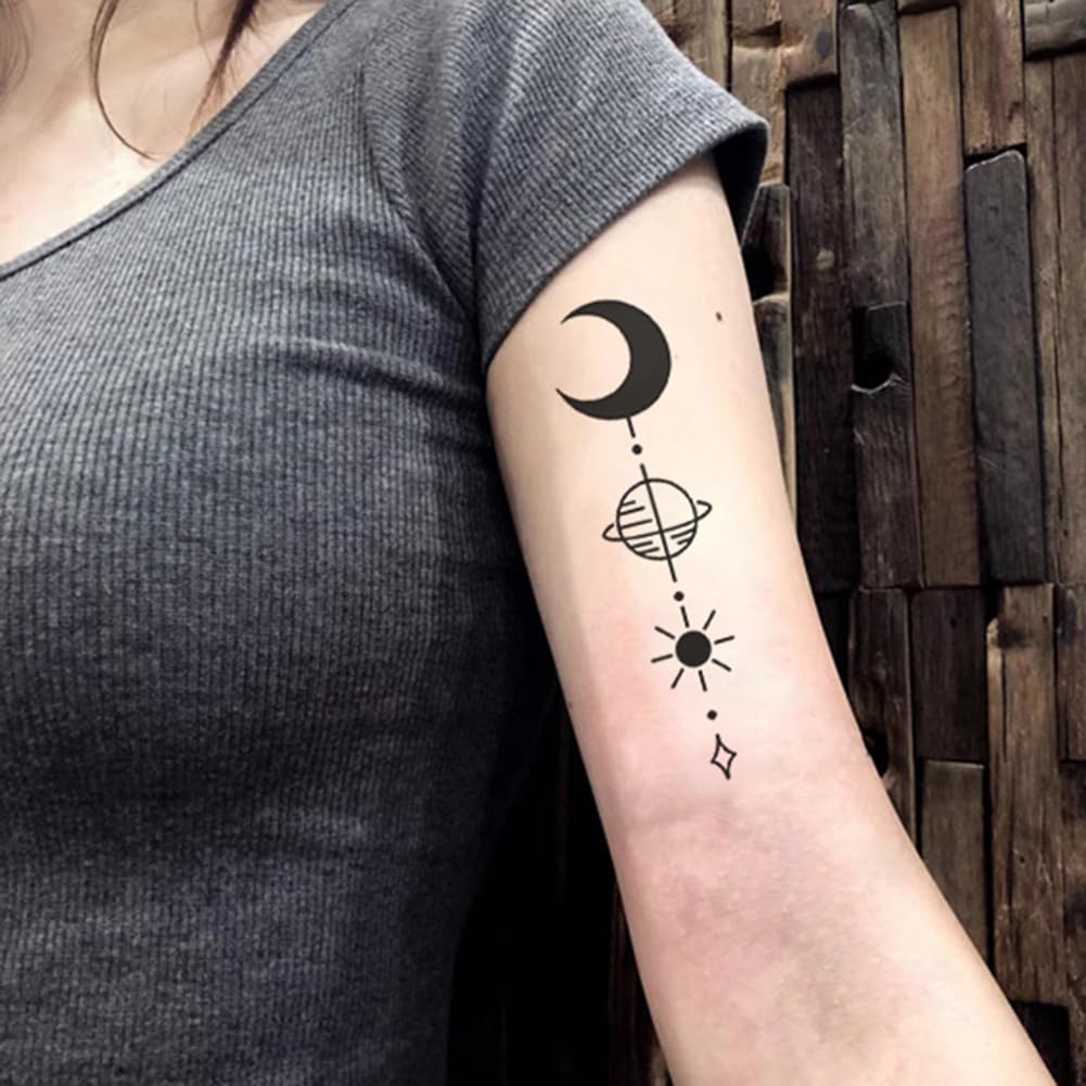 Oottati 8 Sheets Geometric Temporary Tattoos for Adults Men Women, Tribal Arrow Feather Moon Fake Tattoo Stickers, Waterproof Long Lasting Body Art for Arm Wrist