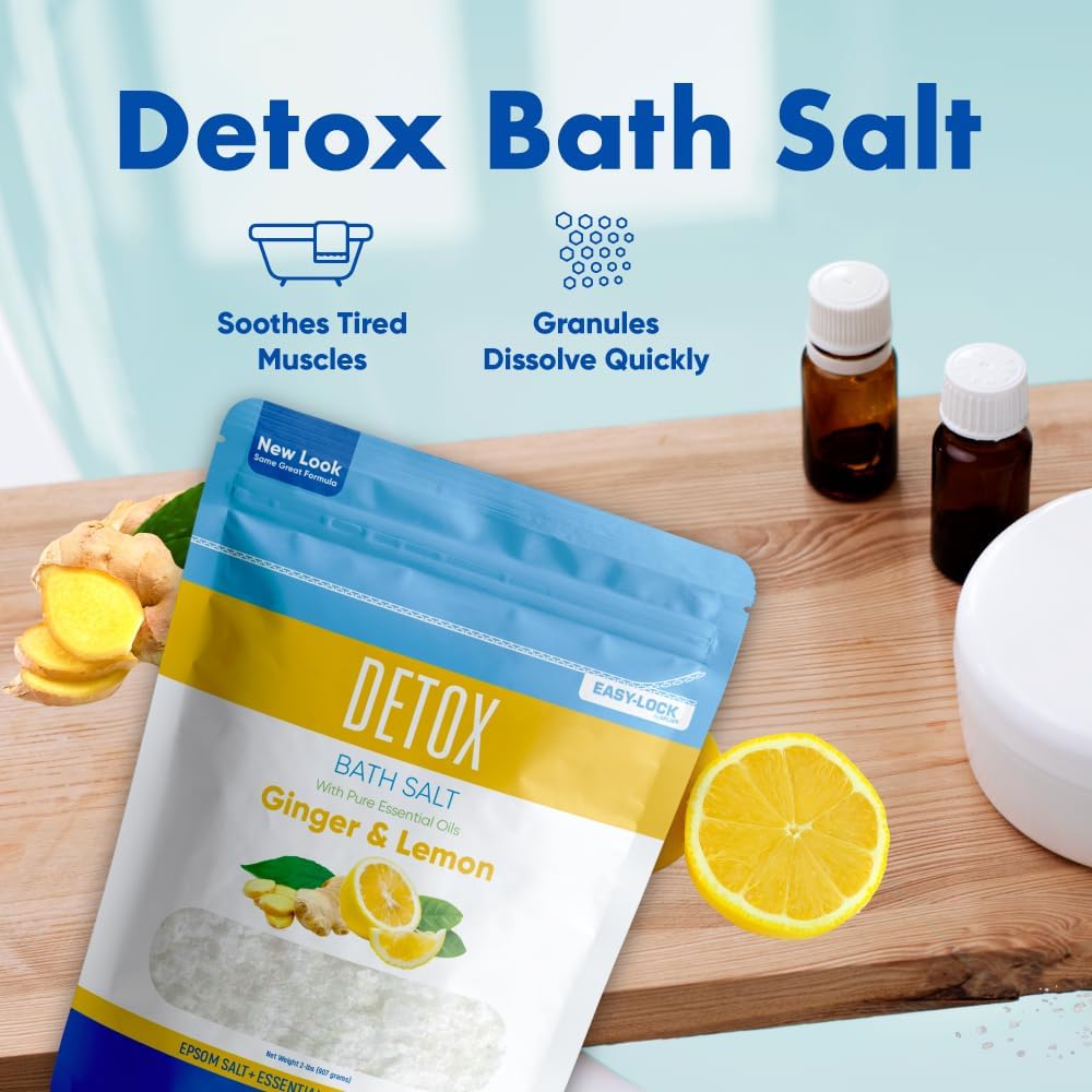 Detox Bath Salt - 32 Ounces USP Grade Epsom Salt with Ginger & Lemon Oils | Vitamin C Infused, BPA-Free Pouch