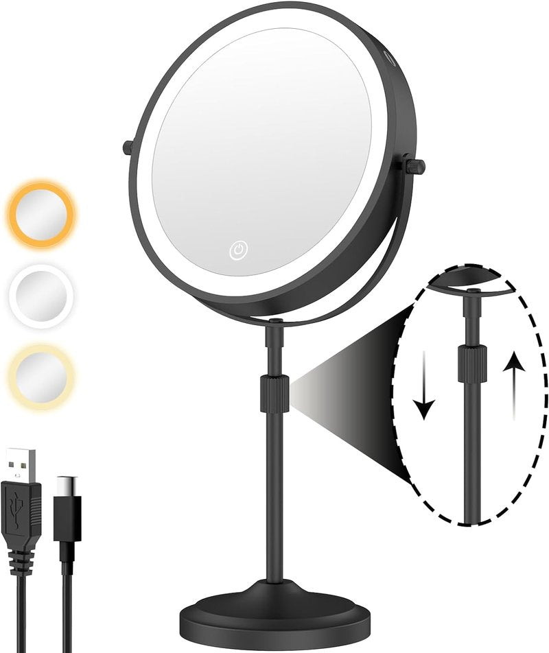 Lighted Makeup Mirror - 9-Inch with 1X/10X Magnification, Dimmable LED, 3 Lighting Colors | Adjustable Height, Black
