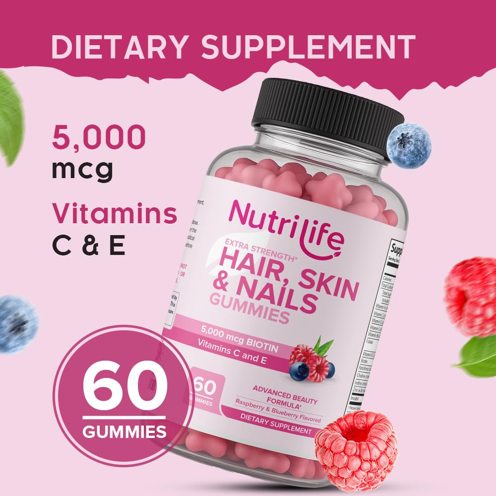 NutriLife Advanced Hair, Skin & Nails Gummies – Biotin with Vitamin C & E – Vegan Beauty Support – Promotes Hair Growth, Strong Nails & Radiant Skin – Non-GMO, Gluten-Free, Made in USA