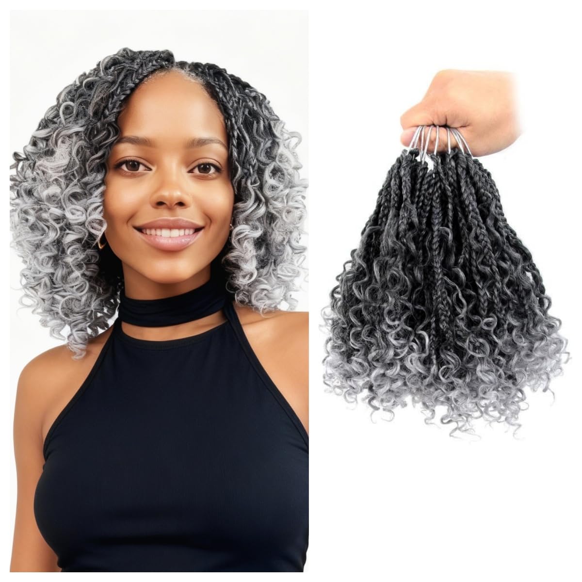 CISINPO 9 Packs Goddess Box Braids Crochet Hair 8 Inch Boho Box Braids with Curly Ends Synthetic Hair Extensions, TGrey/Ombre Gray