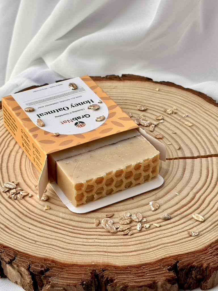 GrabNat 4-Pack Oatmeal Honey Soap | Handmade, All-Natural, Cold-Processed | Gentle Cleanse for Face & Body, Suitable for All Skin Types (4 x100grams/4 x 3.5oz)