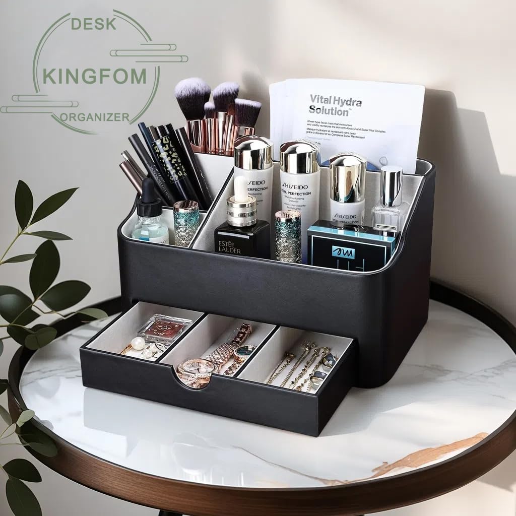 KINGFOM Leather Makeup Organizer with Drawer, Cosmetic Storage for Dresser Countertop and Bathroom Vanity, Beauty Holder for Lipstick Brush Skincare, Mother’s Day Gift for Mom(Black)