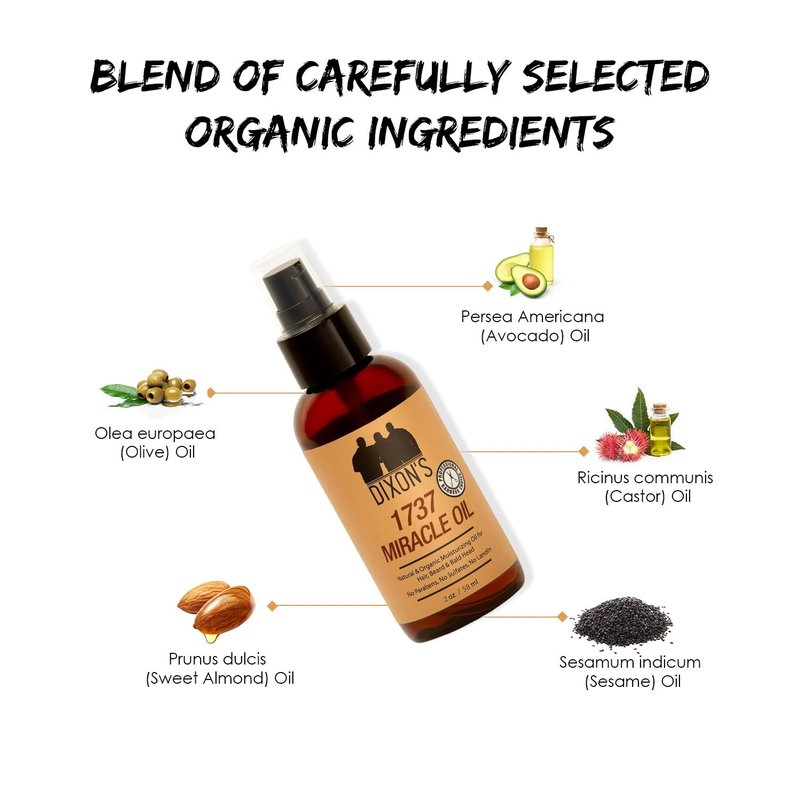 Dixon's 1737 Miracle Oil, Natural Organic Beard, Scalp, Hair Oil for Softening, Shine, Breakage Reduction, Scalp Hydration Organic Nourishment (2 fl Oz)