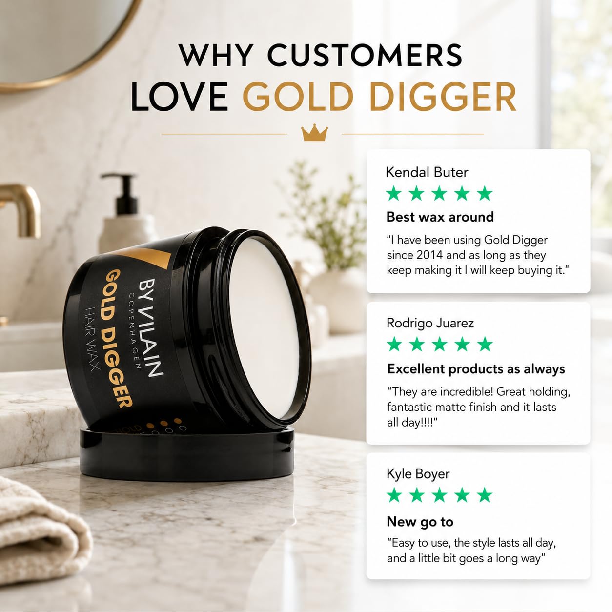 By Vilain Gold Digger Super Strong Hold Matte Finish Clean Cut Look Long Lasting Hair Pomade - Easy to Style for Fullness & Texture Smoothing & Slick Hair Molding Wax Paste Gel for Men - 65ml
