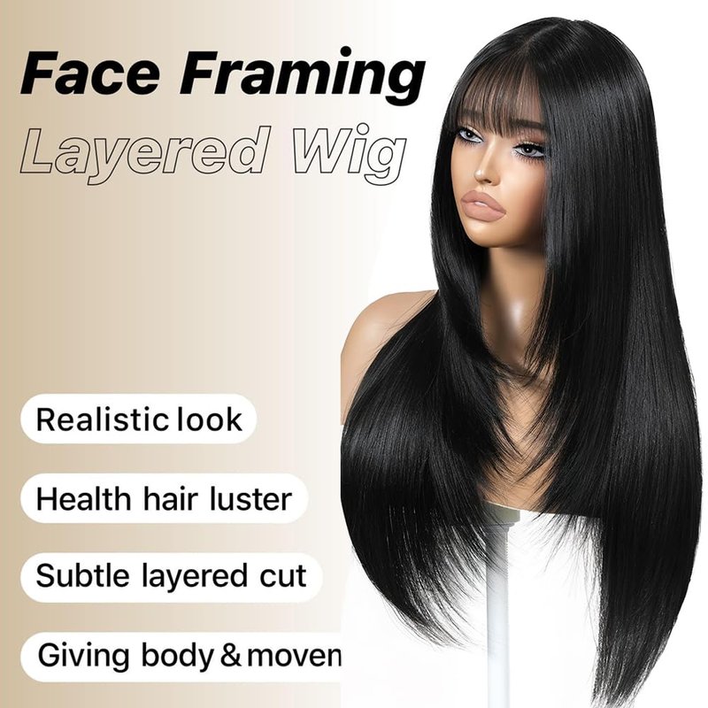 ZRLK Black Wig with Bangs Long Black Wig for Women Synthetic Heat-Resistant Hair Layered Style Hair for Daily and Party Use