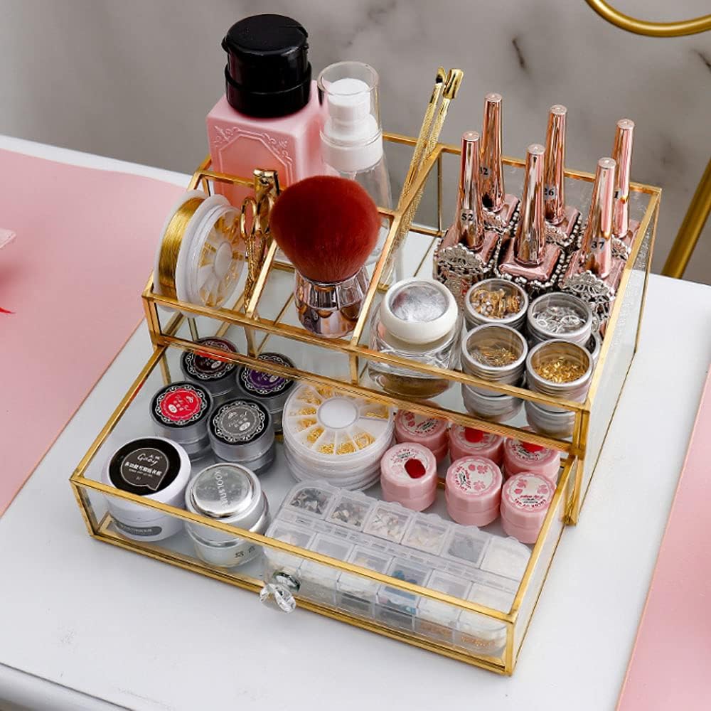 Clear Glass Makeup Brush Holder - L-Lei Cosmetics Storage for Brushes, Nail Polish & Lipstick | Dresser Decor