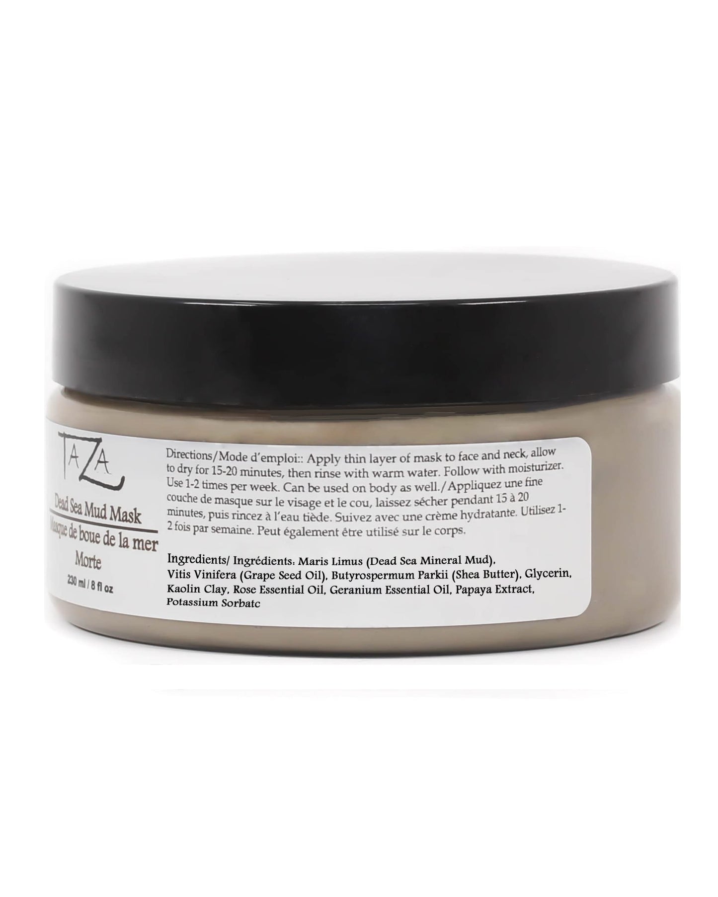Taza Premium Natural Dead Sea Mud Mask, 8 ounces (230 milliliters), Bright and Radiant Facial Skin, With: Dead Sea Mud, Shea Butter, Grapeseed Oil, Vitamin E, Glycerin, Papaya Extract