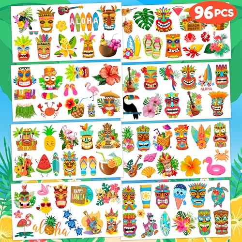 Luau Temporary Tattoos 8 Sheets 99 PCS Hawaiian Party Decorations Favors Supplies Summer Tropical Theme Birthday Cute Stickers Christmas Gifts for Boys Girls Class School Prizes Carnival