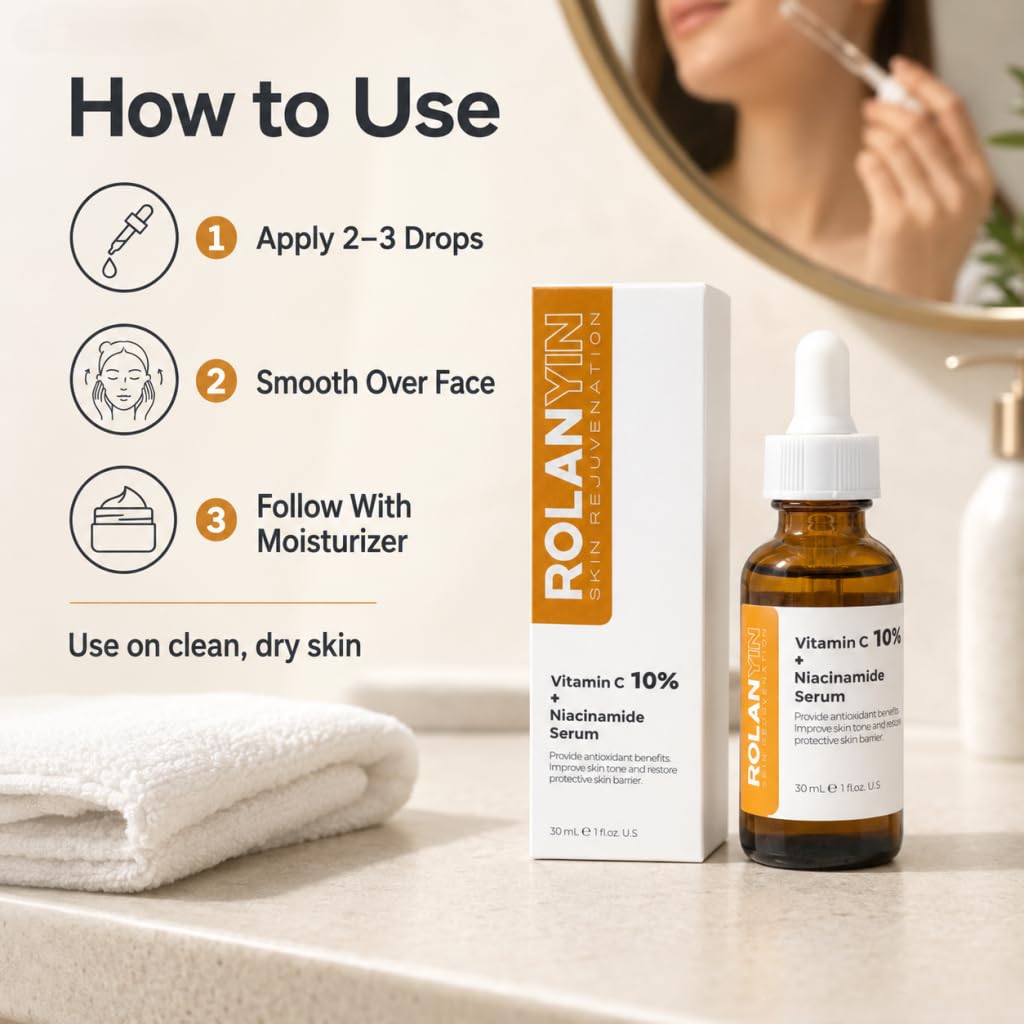 ROLANYIN Vitamin C 10% + Niacinamide Facial Serum Hydration Reducing Fine Lines Wrinkles Skin Firming Anti Aging Formula Boosting Radiance Improving Texture Skin Care