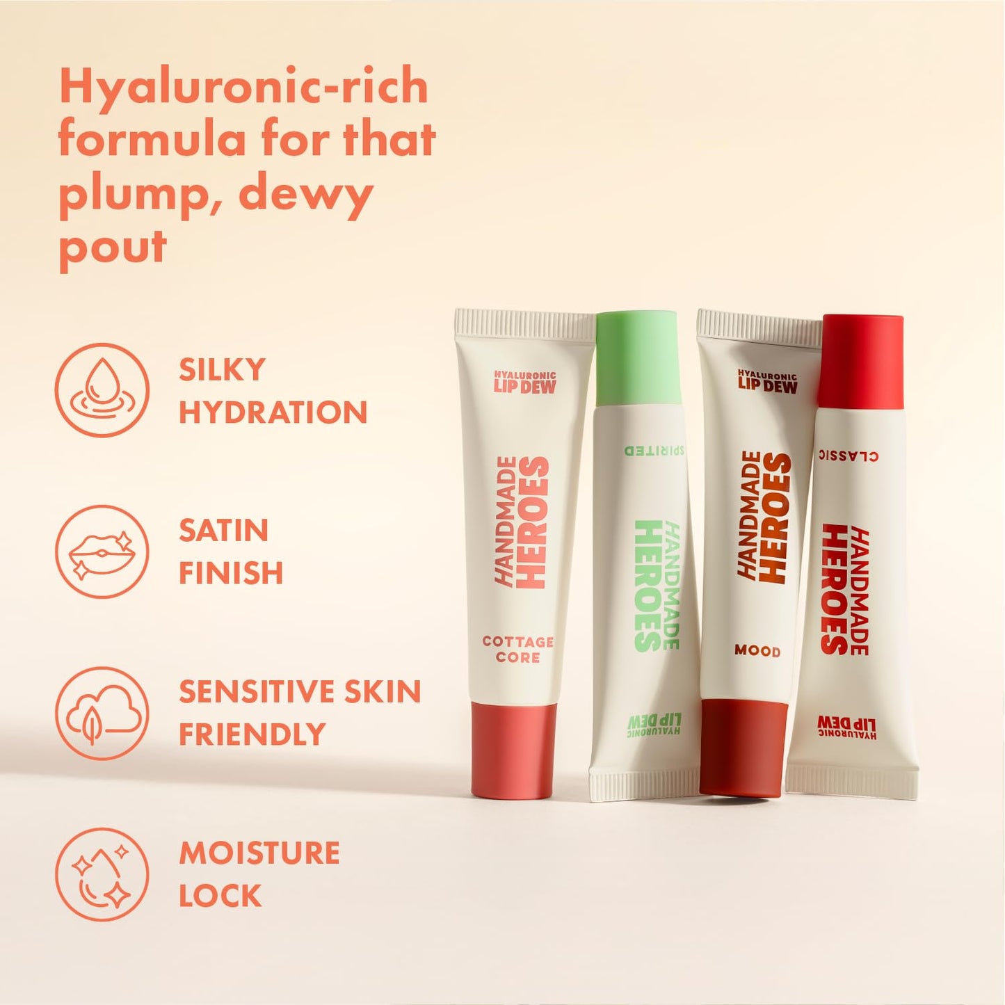 Handmade Heroes 100% Natural Vegan Tinted Lip Gloss with Hyaluronic Acid - Lightweight Moisturizing Soft Lipstick for Dry Lips - 4pc Lip Care set