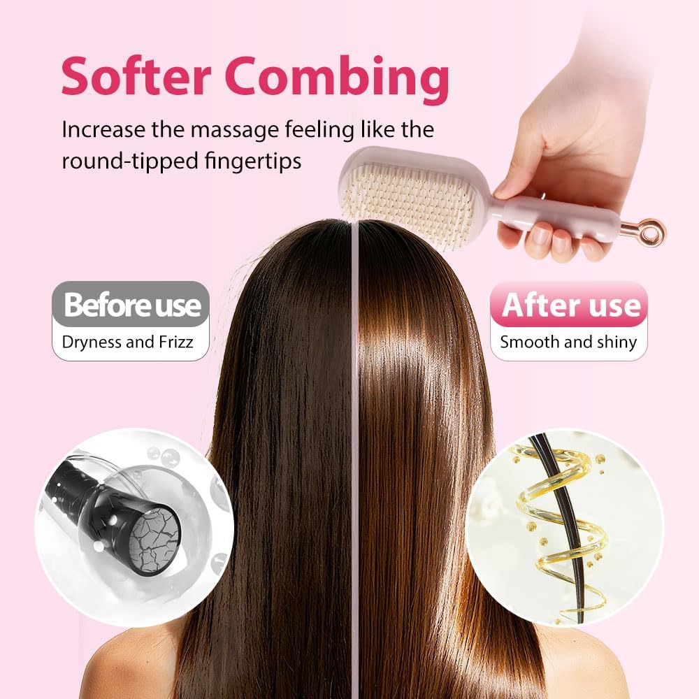 Retractable Cushion Massage Comb, 2026 New Hair Brush With Retractable Bristles Hair Comb Retractable Detangling Self Cleaning Hair Brush for Women (Pink)