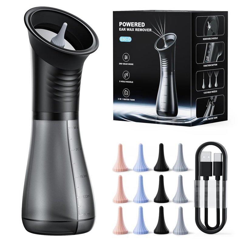 Ear Wax Removal with LED Display, Temodu Electric Ear Cleaner, Rechargeable Earwax Remove Removal Ear Irrigation System, 3 Pressure Modes Ear Cleaning Earwax Removal (12 Disposable Tips)-Black