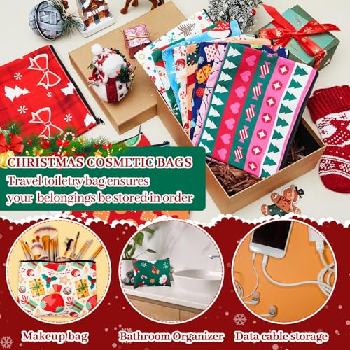 Kacctyen 24 Pcs Christmas Cosmetic Bags and Keychains for Women Makeup Bags with Zipper Santa Snowman Bells Candy Cane Keychain Toiletry Organizer for Christmas Party Favor Xmas Gifts