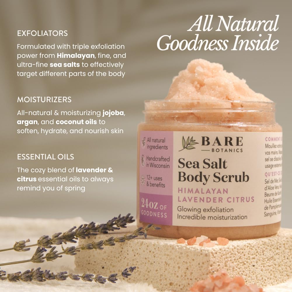 Bare Botanics 24oz Lavender Citrus Himalayan Sea Salt Body Scrub | Non-toxic, Vegan & Cruelty-free | Made in Madison, WI | Full Body Exfoliator & Hydrating Moisturizer with a Cute Wooden Spoon