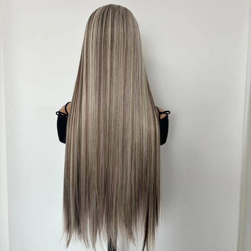 Greenmirr Highlighted Ash Blonde Lace Front Wig 13x4 Lace Long Straight Heated Synthetic Ombre Brown Blonde Lace Front Wig for Women Daily Cosplay 24in