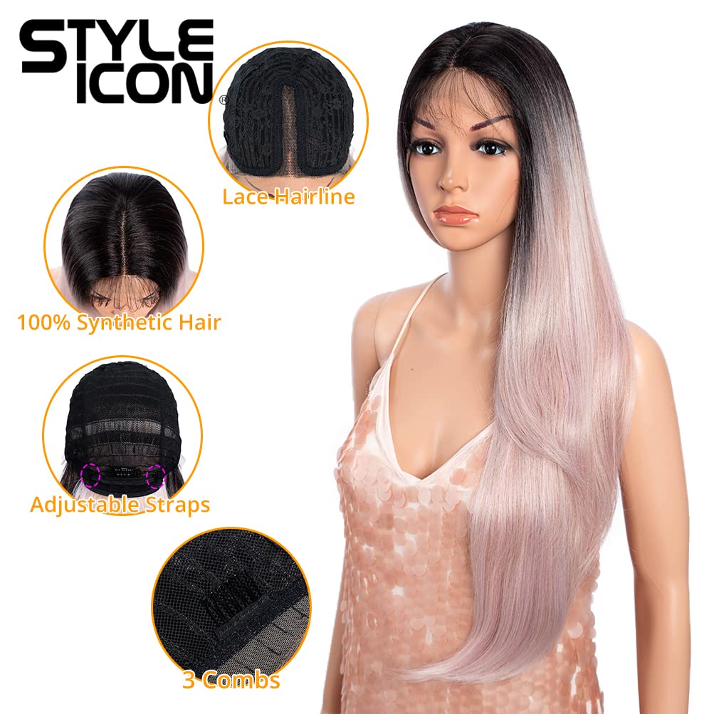 Style Icon 28" Lace Front Wigs Middle Part Lace Wig Ombre Pink Wig Long Straight Wig Synthetic Wig