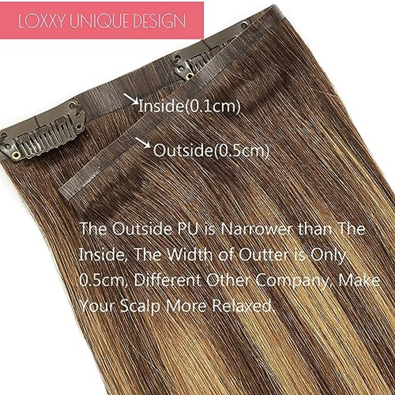 Seamless Clip in Remy Hair Extensions Human Hair Invisible PU Skin Weft Ombre Chocolate Brown to Caramel Blonde With Brown Roots Clip in Hair Extensions Thick Natural Hair 18inch 110gram 7pcs #R4-4/27