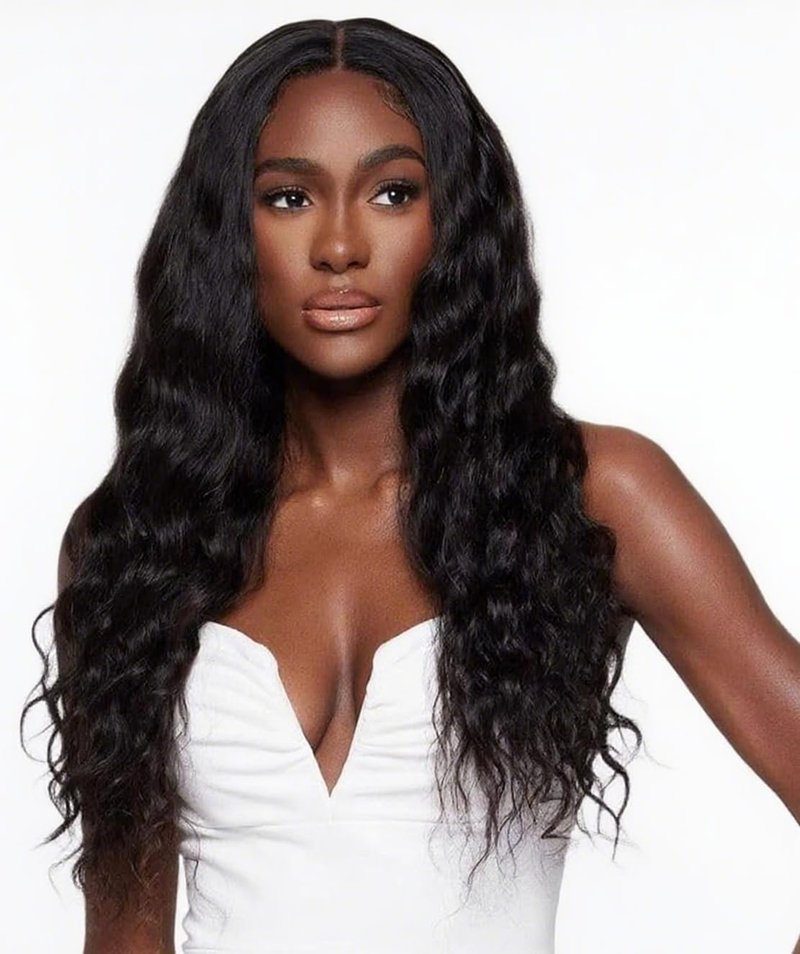 Emistar Water Wave Black V Part Curly Wig Loose Wavy Wig Upgrade U Part Synthetic Wigs for Black Women Full Head Clip In Hair Glueless Hair Replacement Synthetic Wigs (Black, 20 Inch)