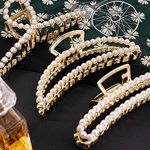 Large Pearl Hair Clips - 4.5 inch Zinc Alloy Banana Claw Clips for Thick Hair, Strong Hold Accessories for Women and Girls (3PCS)
