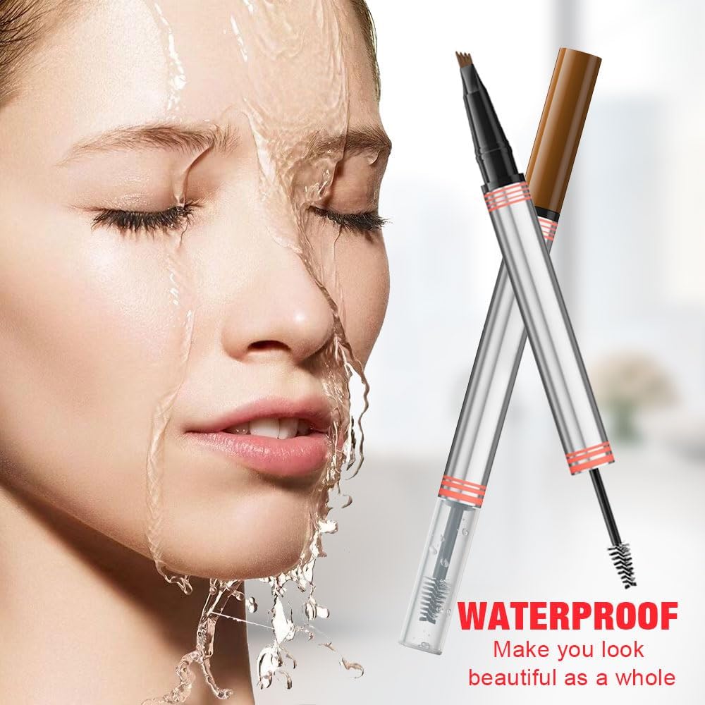 2-in-1 Eyebrow Pencil with Gel, Dual-Ended 3D Microblading Eyebrow Pen with 4 Tip & Eyebrow Brush, Waterproof Long-Lasting Eyebrow Pencil for Women (Brown)