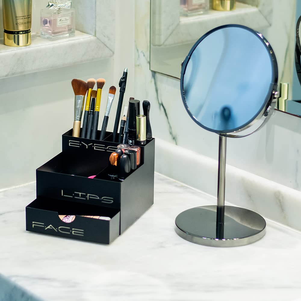 GEGUTON Makeup Organizer Box with Drawer – Steel, Black and Pink, Stylish Design – Stores Products and Accessories, Keeps Vanity Organized, Great Gift for Her – Beauty Collection
