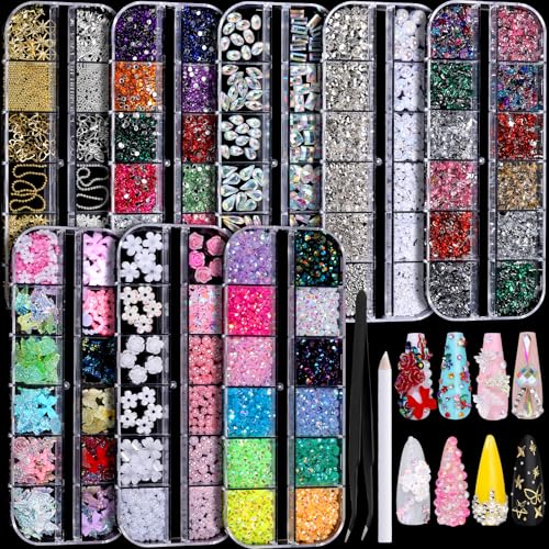 FANDAMEI Nail Charms, Nail Rhinestones Kit with 8 Boxes of Nail Gems, 3D Charms for Nails, Colorful Clear Flatback Rhinestones, Multi Shape Pearls Jewels Crystals for Craft