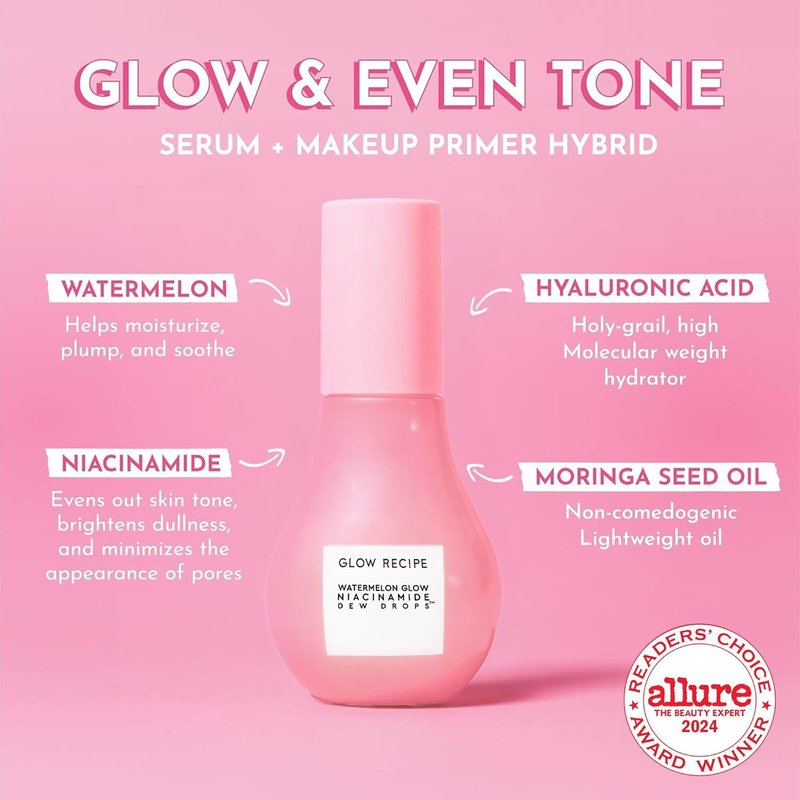 Glow Recipe Watermelon Niacinamide Dew Drops, Korean Niacinamide Serum Drops, Hydrating Face Serum + Primer & Liquid Highlighter, Hyaluronic Acid, Dewy Glow (40ml)