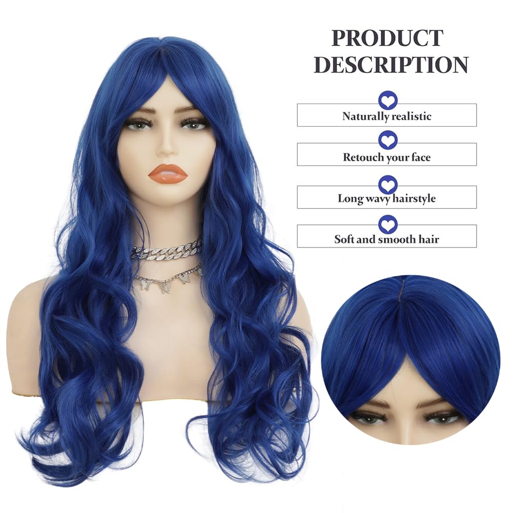 Salaibs Long Blue Curly Wavy Wig for Women Mermaid Wigs with Bangs Natural Looking for Daily Party Cosplay Halloween Use（Royal Blue）