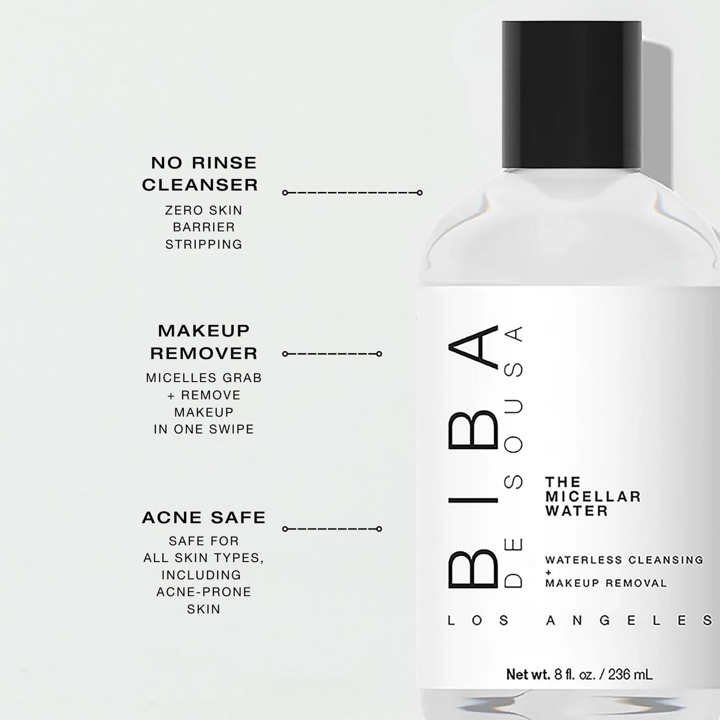 Biba De Sousa The Micellar Water, No-Rinse Cleanser & Facial Makeup Remover - Soothing Cleanser for Sensitive Skin - For All Skin Types (8oz)