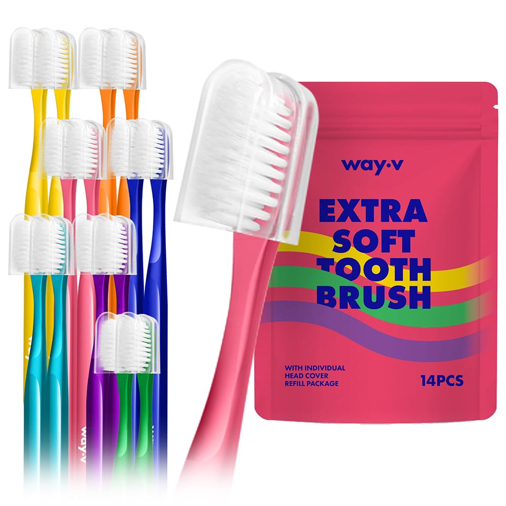 Way.V Extra Soft Toothbrush 7 Pack for Sensitive Gums and Teeth 3000 Ultra Gentle Bristles Brushes with Hygienic Head Covers Friendly Dentist Recommended BPA Free - Family Refill Pink 14 Pack