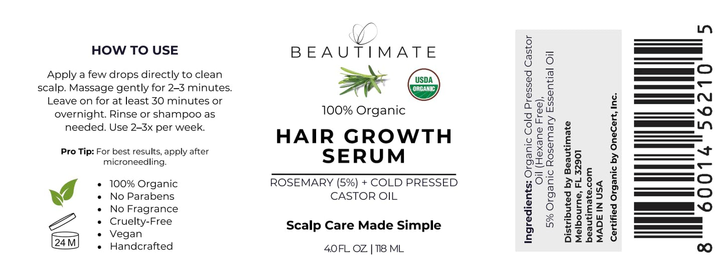 beautimate USDA Organic Rosemary Hair Growth Serum – 5% Rosemary & Castor Oil Blend for Thicker, Fuller Hair – Natural Scalp Treatment for Thinning Hair – Made in USA, Vegan, Cruelty-Free, Jumbo 4oz