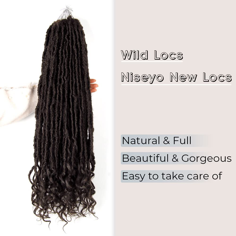 Niseyo Wild Locs 24 Inch Distressed New Faux Locs with Curly Ends 8 Packs Long Soft Pre-looped Goddess Crochet Hair (4#, Brown)
